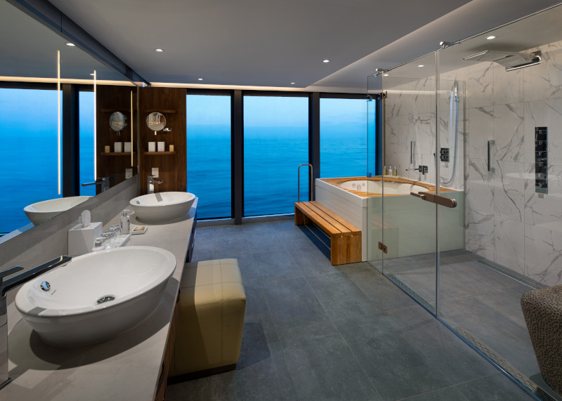 Celebrity Flora, FL, architectural, architecture, Galapagos Islands, luxury mega yacht, Penthouse Suite, accommodations, stateroom, cabin, master bathroom, shower, jacuzzi tub, bath tub