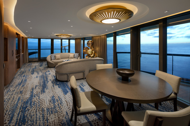 Celebrity Flora, FL, architectural, architecture, Galapagos Islands, luxury mega yacht, Royal Suite, accommodations, stateroom, cabin, living room