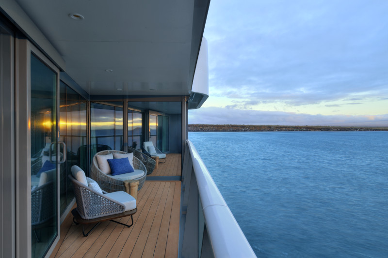 Celebrity Flora, FL, architectural, architecture, Galapagos Islands, luxury mega yacht, Royal Suite, accommodations, stateroom, cabin, balcony, veranda