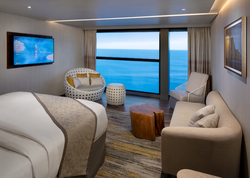 Celebrity Flora, FL, architectural, architecture, Galapagos Islands, luxury mega yacht, Sky Suite with Infinite Veranda, accommodations, stateroom, cabin