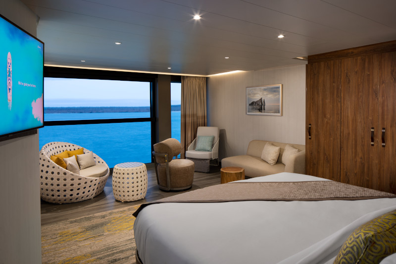 Celebrity Flora, FL, architectural, architecture, Galapagos Islands, luxury mega yacht, Ultimate Sky Suite with Infinite Veranda, accommodations, stateroom, cabin